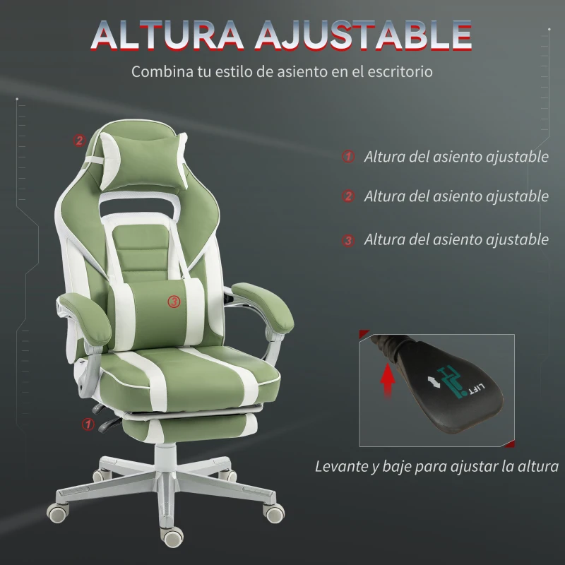 HOMCOM Silla Gamer Reclinable con Altura Ajustable Reposapiés Retráctil Soporte Lumbar y Reposacabezas Desmontable Verde
