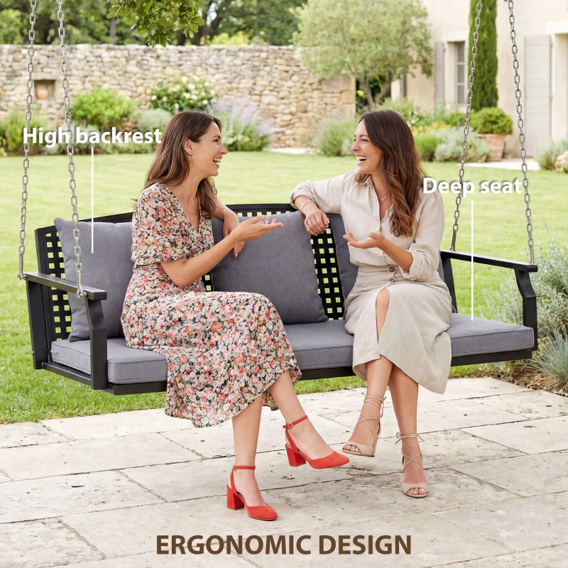 Outsunny 3-osobowa huśtawka na werandę, huśtawka ogrodowa z 3 poduszkami na oparcie, poduszką na siedzenie i zestawem do zawieszenia, szara