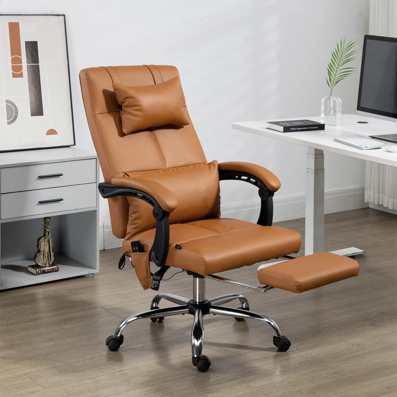Vinsetto Fauteuil de bureau massant chauffant avec repose-pieds têtière sur roulettes revêtement synthétique marron