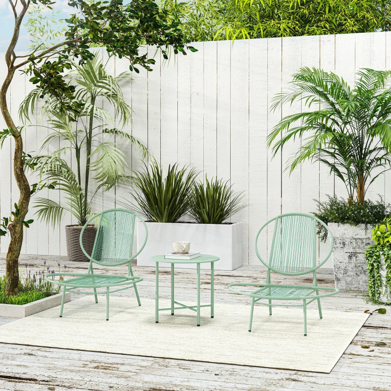 Outsunny Set bistró 3 piezas de polyratán resistente a la intemperie, conjunto de muebles de jardín con mesa bistró y sillas en forma de concha, verde