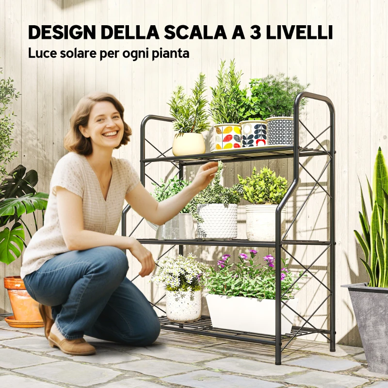 Outsunny Portapiante a 3 Livelli per Interni ed Esterni in Metallo, 69x28.5x78 cm, Nero