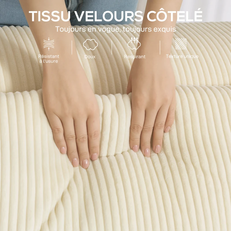 HOMCOM Canapé 3 places en velours côtelé, canapé rembourré, larges accoudoirs, 2 coussins, pas de montage, 202x90x76cm, beige