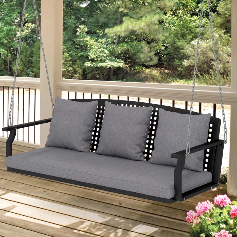 Outsunny 3-Sitzer Veranda-Schaukel, Gartenschaukelbank mit 3 Rückenkissen, Sitzkissen, Hängevorrichtung, Grau