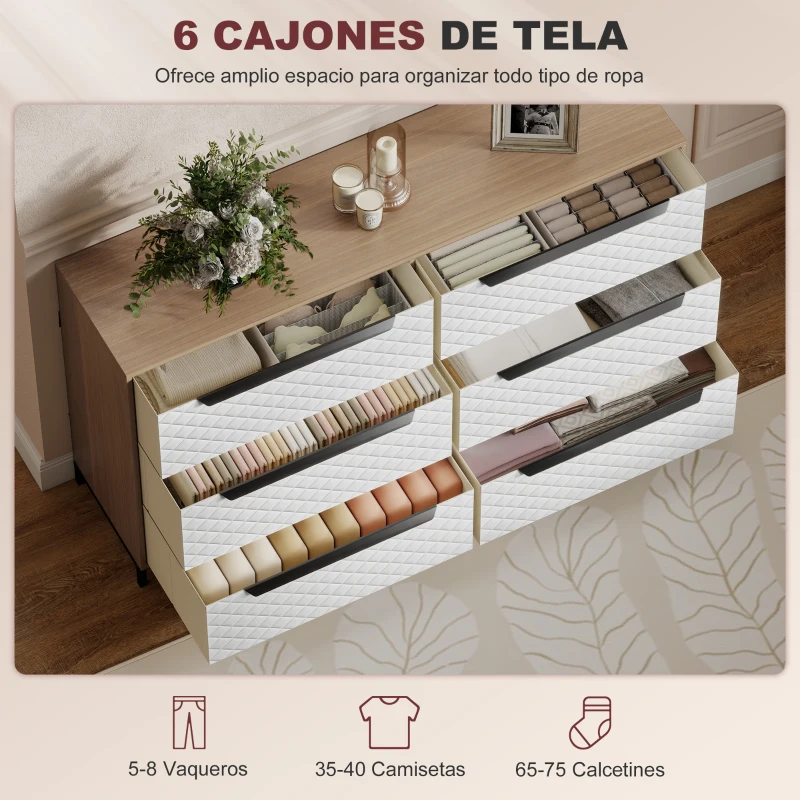 HOMCOM Cómoda con 6 Cajones de Tela Frentes con Patrón de Diamante para Salón Oficina Vestidor Natural y Blanco