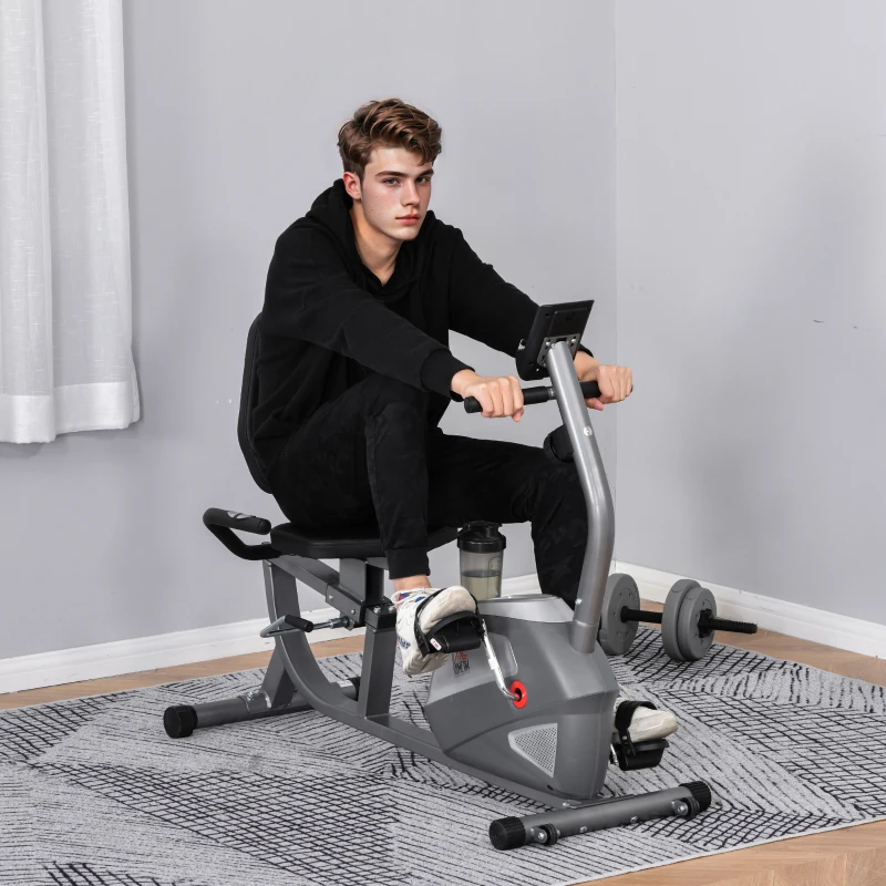 HOMCOM hometrainer fietstrainer vliegwiel hometrainer met 8 niveaus verstelbare magnetische weerstand verstelbare lengte magnetische weerstand wielen metaal ABS grijs + zilver 136 l x 62,5 b x 38 h cm(m-13)