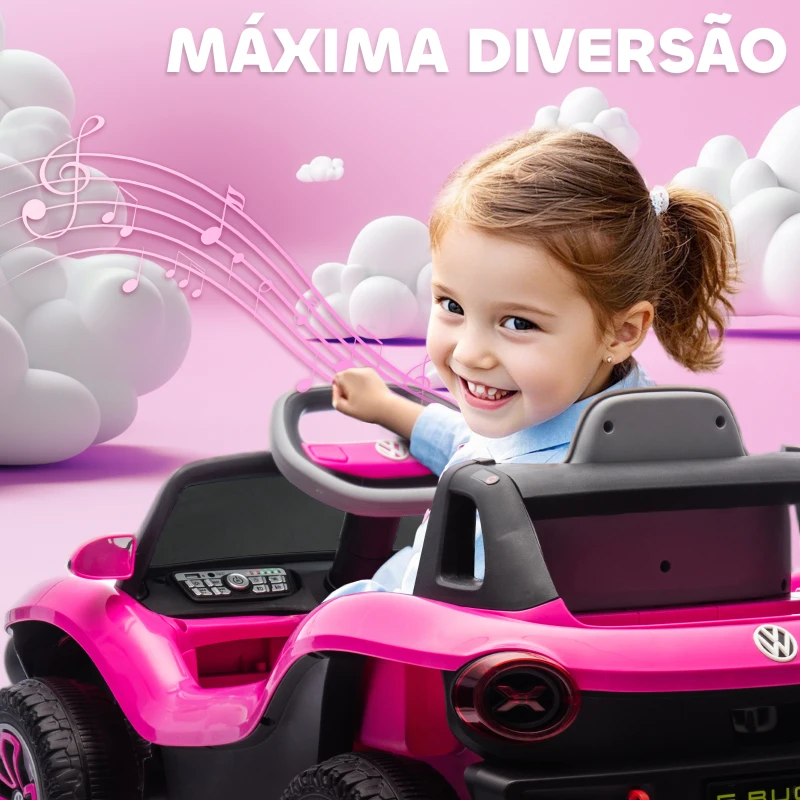 AIYAPLAY Carro Elétrico para Crianças Volkswagen E-Buggy Bateria 12V com Controlo Remoto 2,4 G Faróis LED Música USB 98x56,5x47 cm Rosa