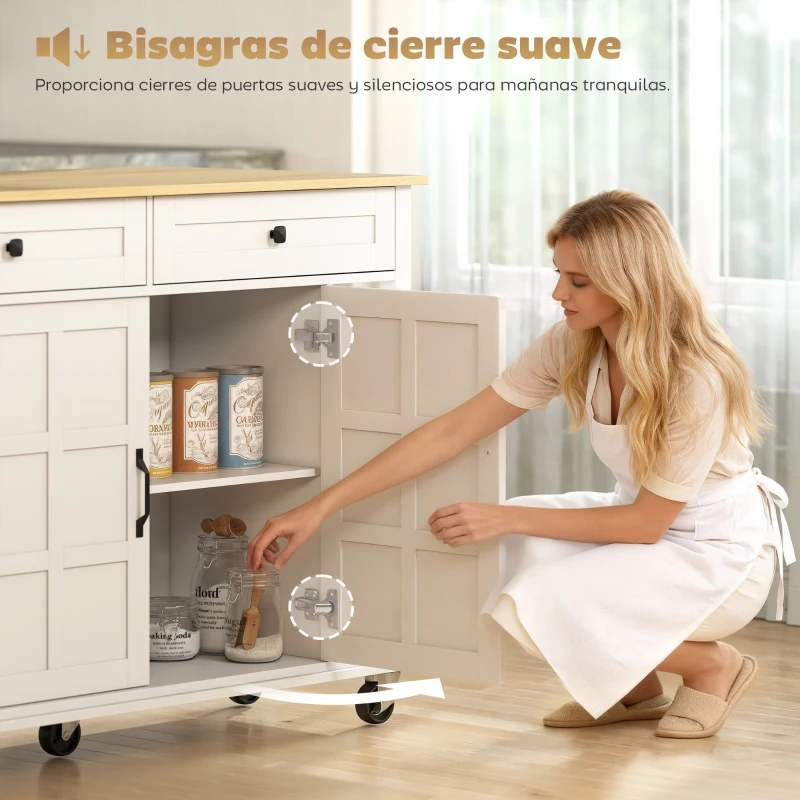 HOMCOM Isla de Cocina con Ruedas Encimera Plegable 2 Puertas con Cierre Suave 2 Cajones 6 Estantes Abiertos Blanco