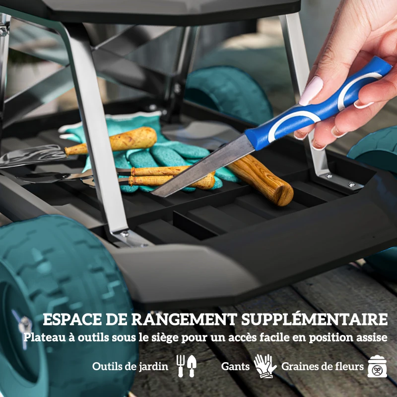 Outsunny Siège de jardin sur roues tabouret de jardinage plateau à outils pour désherber planter 50 x 49 x 32 cm vert foncé