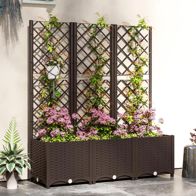 Outsunny Jardinière avec treillis lit surélevé de jardin jardinière extérieure avec 8 trous de drainage 120 x 40 x 135 cm marron