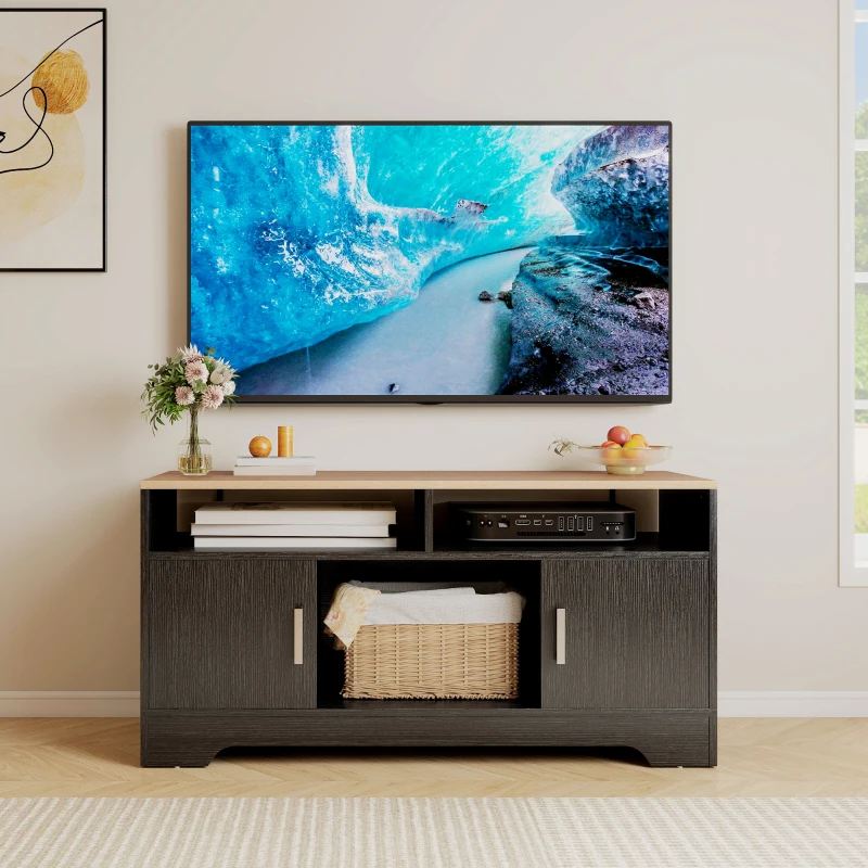 HOMCOM Meuble TV banc TV en bois avec 2 niches 2 armoires à porte une armoire ouverte 105 x 40 x 52 cm effet bois noir