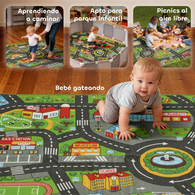 AIYAPLAY Alfombra Infantil Carretera de Ciudad 200x150 cm Alfombra Educativa Antideslizante para Gateo y Jugar con Coches