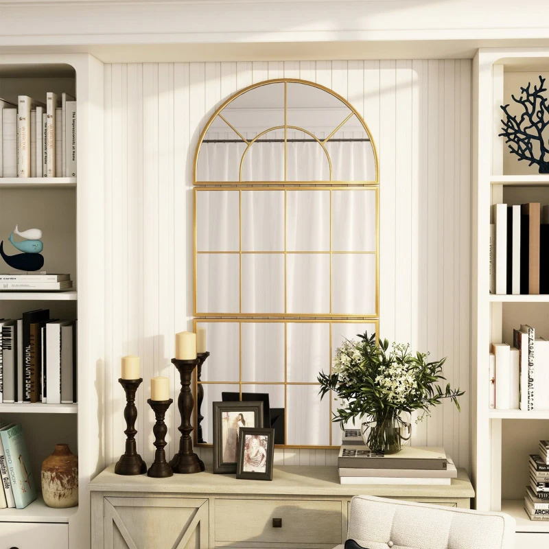 HOMCOM Miroir mural arqué miroir mural en forme de fenêtre ensemble de 3 pièces cadre en métal 76 x 150 cm doré