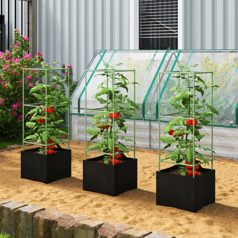Outsunny Lot de 3 cages à tomates carrées avec sacs de culture de 51,2 L, treillis pour fleurs, légumes, plantes grimpantes, vert