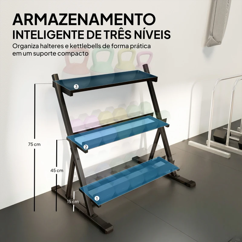 SPORTNOW Suporte para Halteres de 3 Níveis Estante de Pesos de Aço com Barras Ajustáveis para Ginásio Casa Capacidade 200 kg