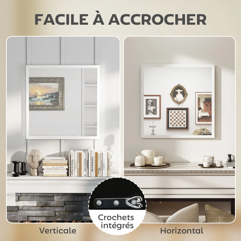 HOMCOM Miroir mural carré 50 x 50 cm, cadre en bois blanc, idéal pour la salle de bain, salon ou chambre