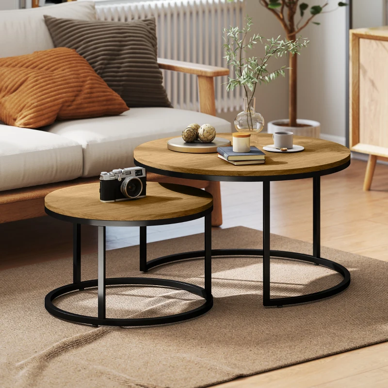 HOMCOM Lot de 2 tables basses gigognes empilable design industriel plateau imitation ciment pieds en métal marron