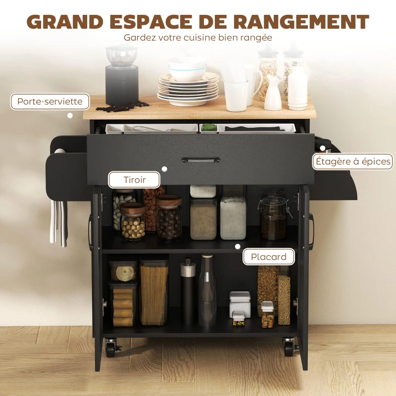 HOMCOM Dessert îlot de cuisine multi-rangements tiroirs placard 2 portes avec étagère réglable 105 x 36 x 85 cm noir
