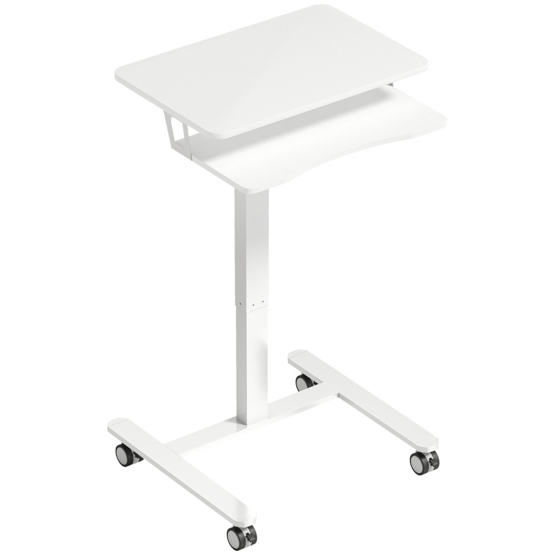 HOMCOM Bureau Assis-Debout Réglable en Hauteur, Bureau Mobile avec Plateau pour Clavier, Roulettes et Cadre en Acier, Blanc