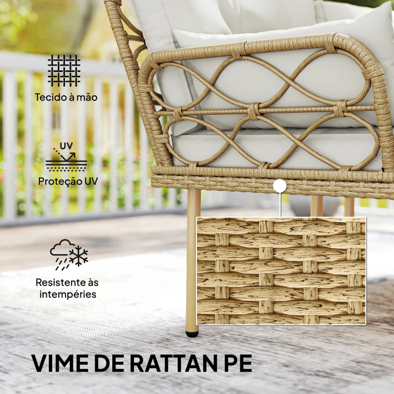 Outsunny Conjunto de Jardim Exterior em Vime com 1 Sofá de Dois Lugares 1 Espreguiçadeira e 1 Mesa de Centro Madeira e Creme