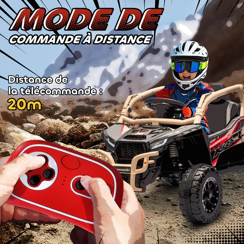 AIYAPLAY Voiture électrique enfant UTV KAWASAKI TERYX KRX 1000 12 V à 2 moteurs 25 W télécommande 2,4 Ghz 100 x 64 x 56 cm jaune