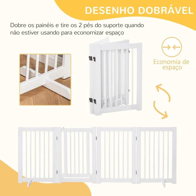 PawHut Barreira de Segurança para Cães em Madeira Dobrável para Escadas e Portas para Cães Pequenos e Médios de 4 Painéis 204x36x75 cm Branco