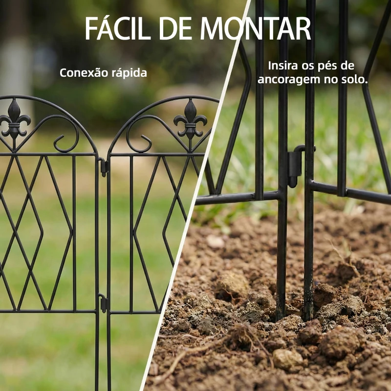 Outsunny Conjunto de 4 Cercas de Jardim Metálicas 125x56 cm com Design Arqueado Resistentes e Fáceis de Instalar para Pátio Relvado Preto