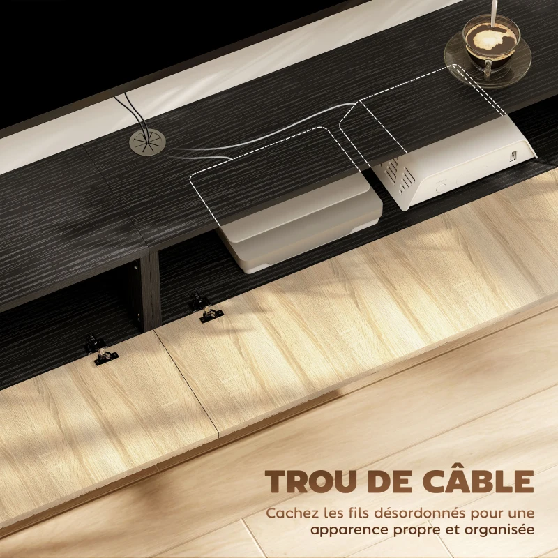 HOMCOM Meuble TV suspendu 140cm, meuble télé pour téléviseur 72 pouces, 2 portes rabattables, 140x25x22cm, bois naturel et noir