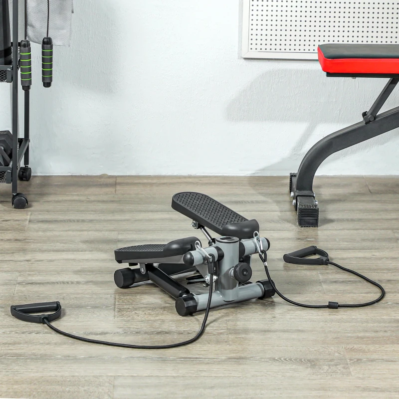 SPORTNOW Mini stepper de fitness machine de step bandes de résistance, écran LCD et pédales antidérapantes 41x30,5x18,5cm gris