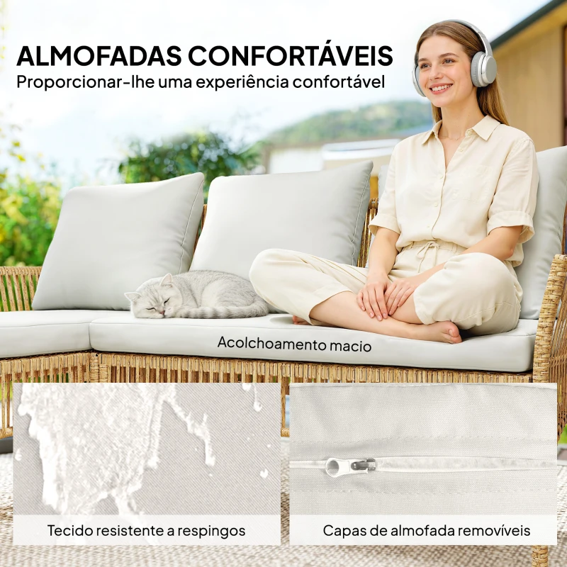 Outsunny Conjunto de Jardim Exterior em Vime com 1 Sofá de 2 Lugares 1 Chaise Longue e 1 Mesa de Centro com Tampo de Vidro Creme