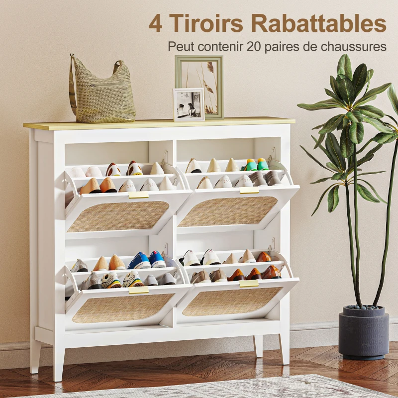 HOMCOM Meuble à chaussures 20 paires bohème avec 4 tiroirs rabattables, portes effet cannage rotin, 105 x 24 x 95,5 cm, blanc(m-5)