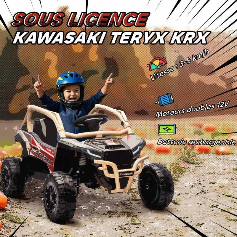 AIYAPLAY Voiture électrique enfant UTV KAWASAKI TERYX KRX 1000 12 V à 2 moteurs 25 W télécommande 2,4 Ghz 100 x 64 x 56 cm jaune