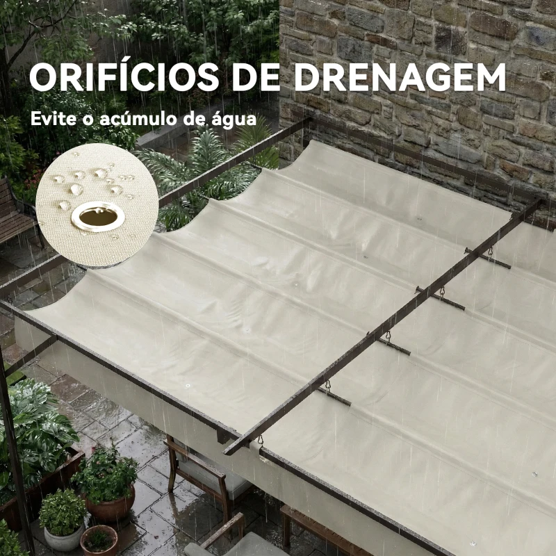 Outsunny Pérgola de Parede de Jardim 4x3 m com Telhado Retrátil Proteção UPF30+ Drenagem Pérgola para Exterior Creme