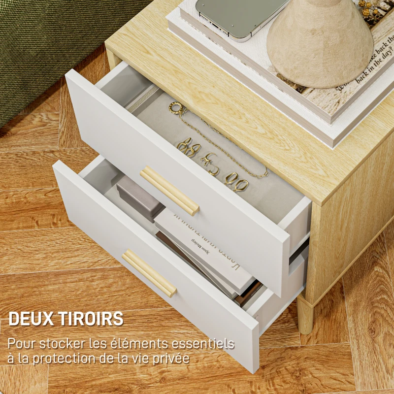 HOMCOM Table de chevet, table de nuit avec 2 tiroirs, style moderne, pour chambre à coucher, salon, 40 x 40 x 50 cm, chêne