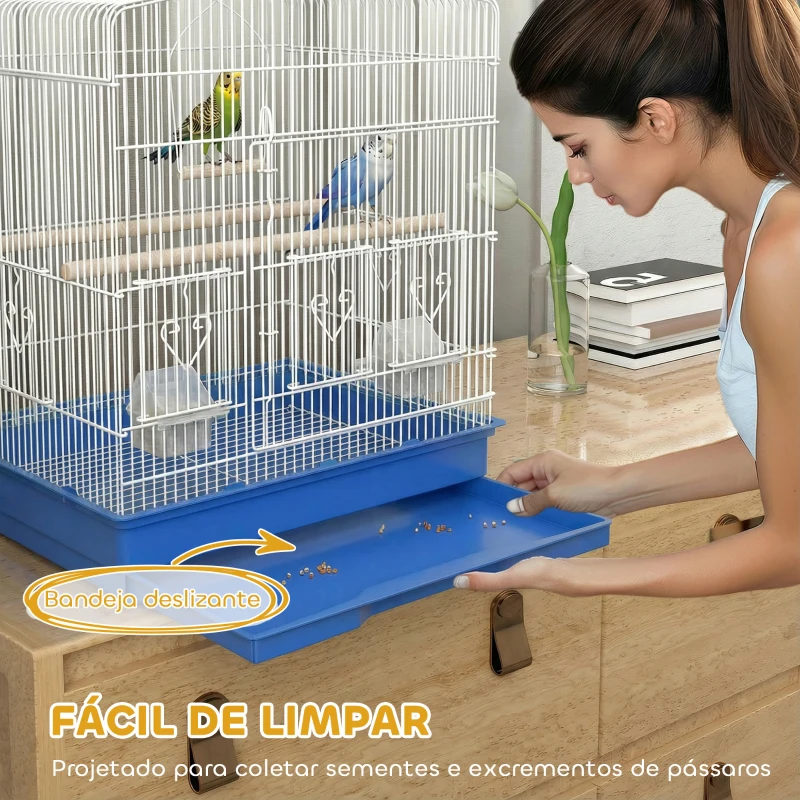 PawHut Gaiola para Pássaros Gaiola de Aço com 2 Recipientes 2 Poleiros Baloiço e Bandeja Removível Pega 46,5x36x59 cm Azul