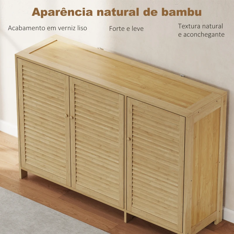 HOMCOM Armário para Sapatos de Bambu com Portas de Ripas Capacidade para 14 Pares Prateleiras Ajustáveis Madeira
