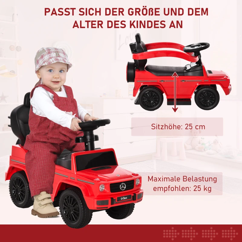 HOMCOM Loopauto met duwstang Mercedes-Benz G350 glijvoertuig met stuur 3-in-1 duwauto voor 18-36 maanden kinderen Rood