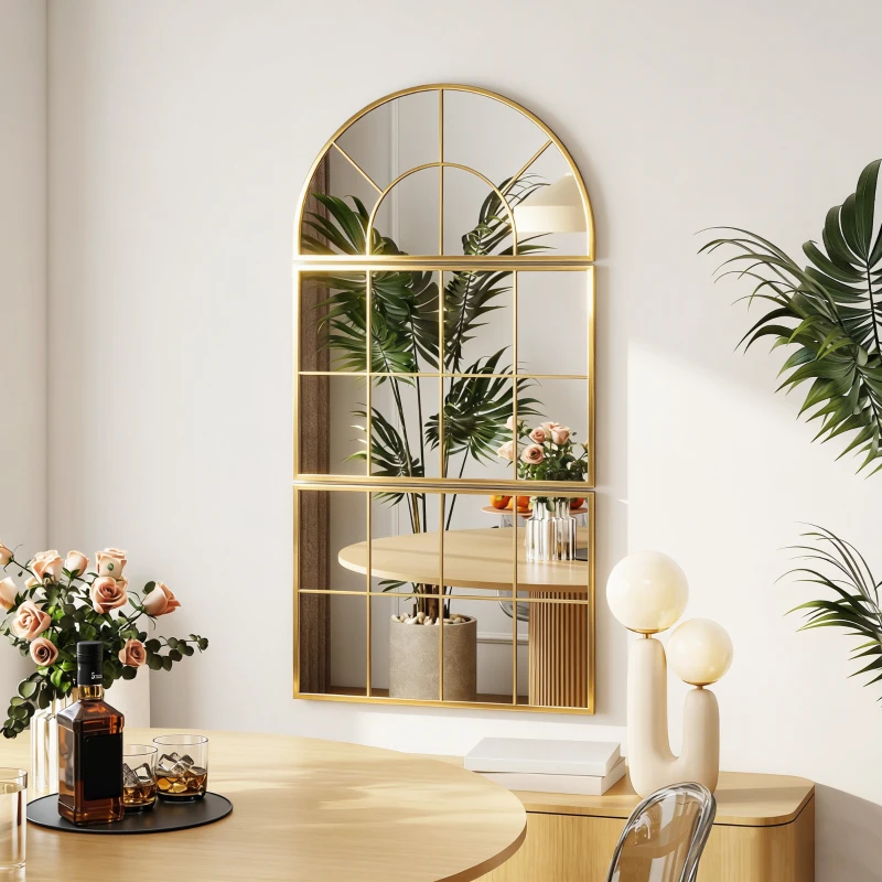 HOMCOM Miroir mural arqué miroir mural en forme de fenêtre ensemble de 3 pièces cadre en métal 76 x 150 cm doré