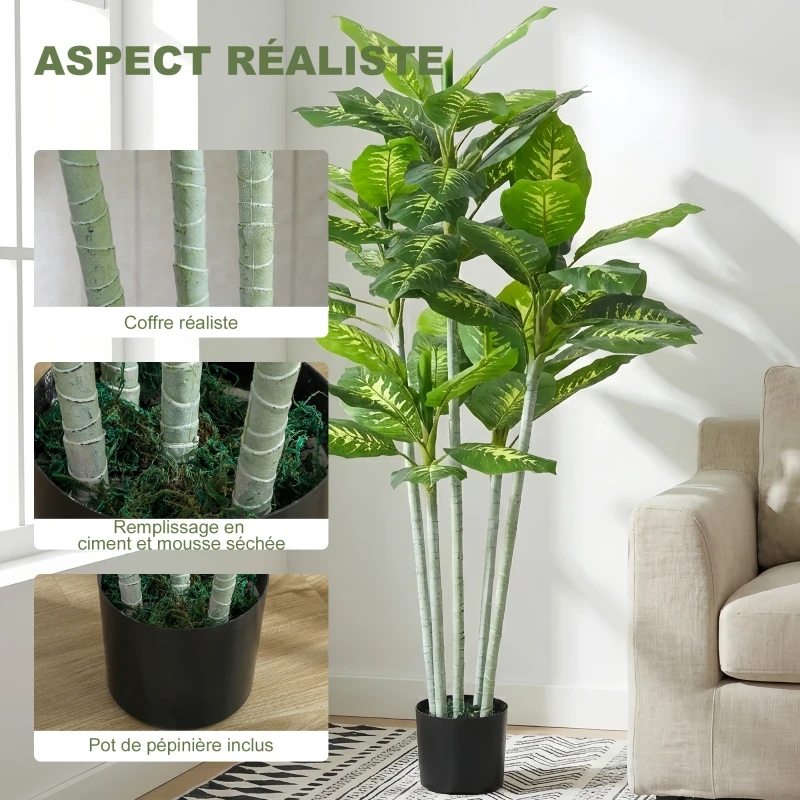 HOMCOM Plante artificielle calathea hauteur 150 cm pot ciment 53 feuilles - intérieur