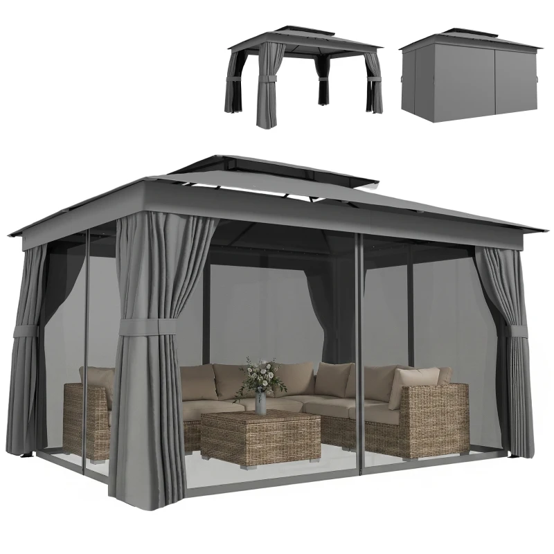 Outsunny Pavilhão 3,8x3m impermeável Estável Resistente ao Inverno Pavilhão de Jardim com Teto Duplo Cortinas Mosquiteiro Ganchos Cinza escuro