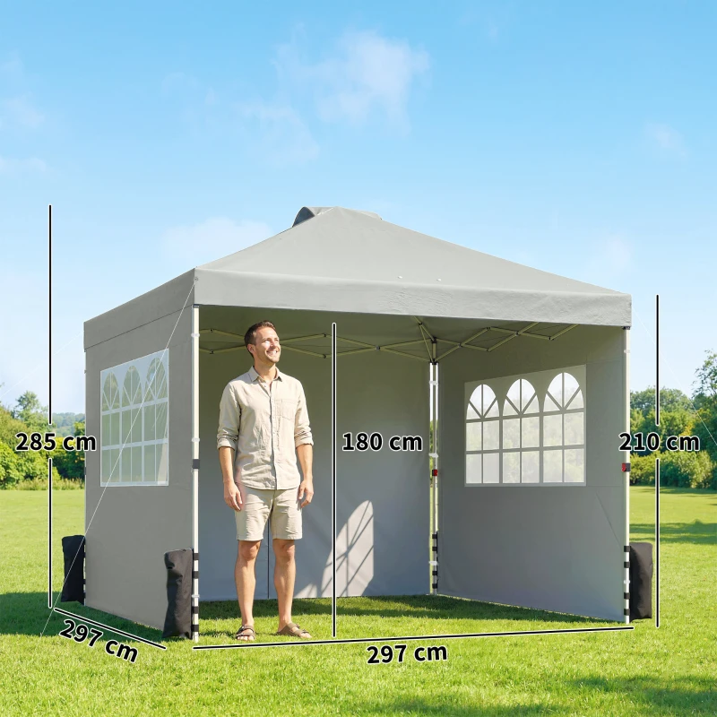 Outsunny Pavilion 3x3 m Waterproof Height-Adjustable Pop-up Folding Canopy with 3 Sidewalls, Windows, Vents, UV 50+ Light Grey