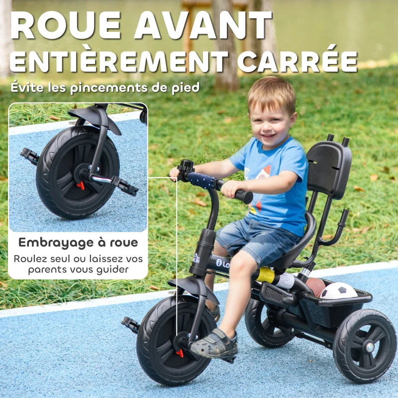HOMCOM Tricycle Enfants Pare-Soleil Pliable Canne Amovible Benne Rangement 105 x 47 x 98 cm Acier Bleu et Noir