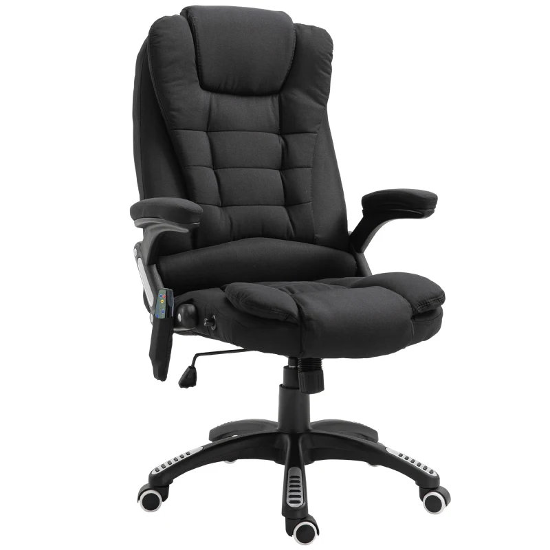 Vinsetto Fauteuil de bureau massant et chauffant, chaise de bureau, chaise ergonomique avec hauteur réglable, dossier inclinable et télécommande filaire, pivotant à 360° tissu en polyester noir