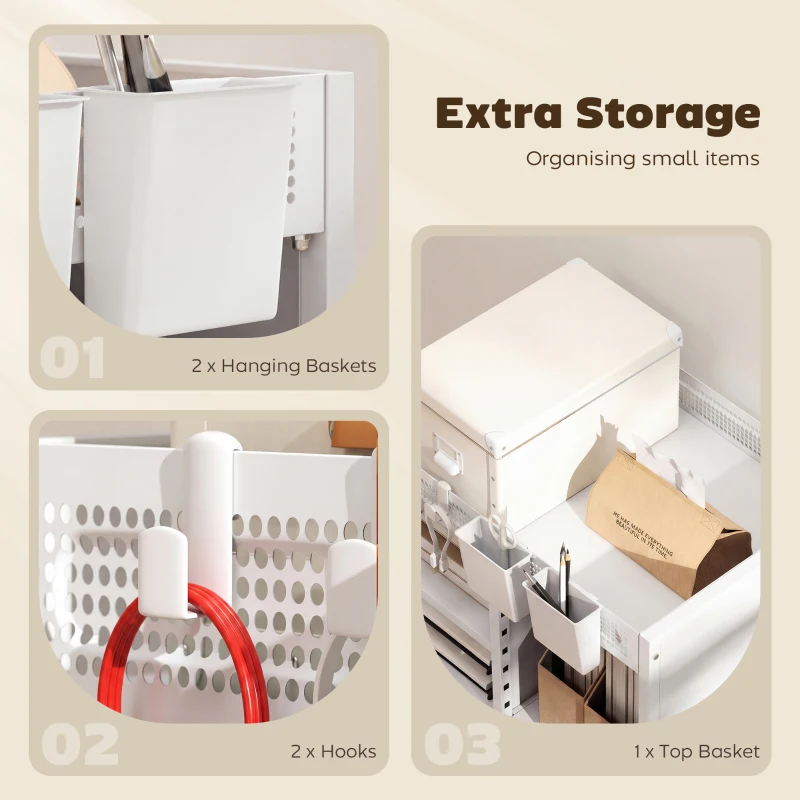 HOMCOM Regał na książki na kółkach, 4-poziomowy, regulowane półki i wiszące kosze do salonu i biura, biały