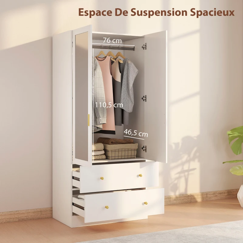 HOMCOM Armoire chambre penderie avec miroir, 2 portes, 2 tiroirs et barre de suspension, 80 x 50 x 180 cm, blanc