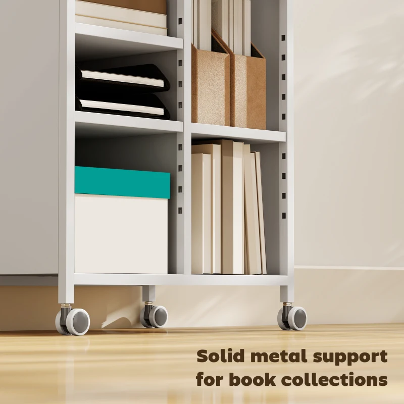 HOMCOM Regał na książki na kółkach, 4-poziomowy, regulowane półki i wiszące kosze do salonu i biura, biały