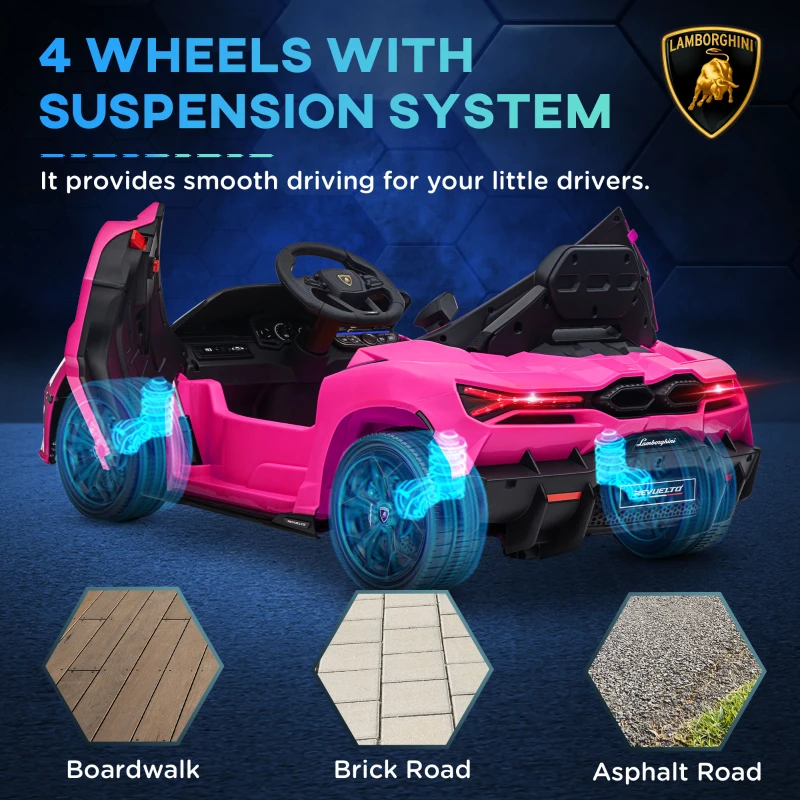AIYAPLAY Lamborghini Revuelto Licensed Kids Electric Car with Butterfly Doors, 12V Ride on Car with Training Wheels, Suspension, Remote Control, LED Lights Music Horn, for 3-5 Years Pink