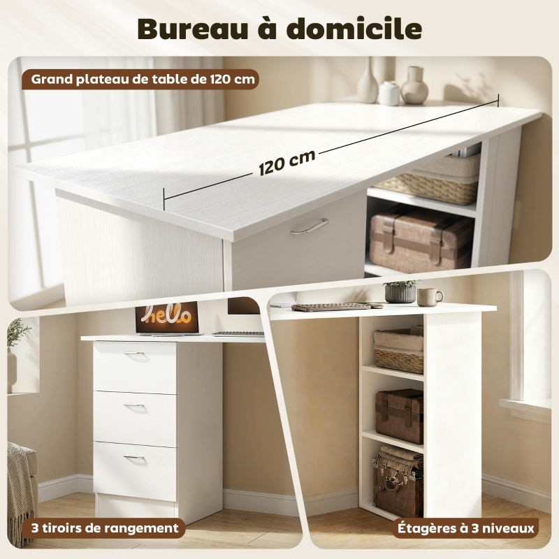 HOMCOM Bureau avec rangement, table informatique 120 x 50 cm, bureau d'ordinateur avec étagères et tiroirs, pour petits espaces, chambre à coucher, blanc