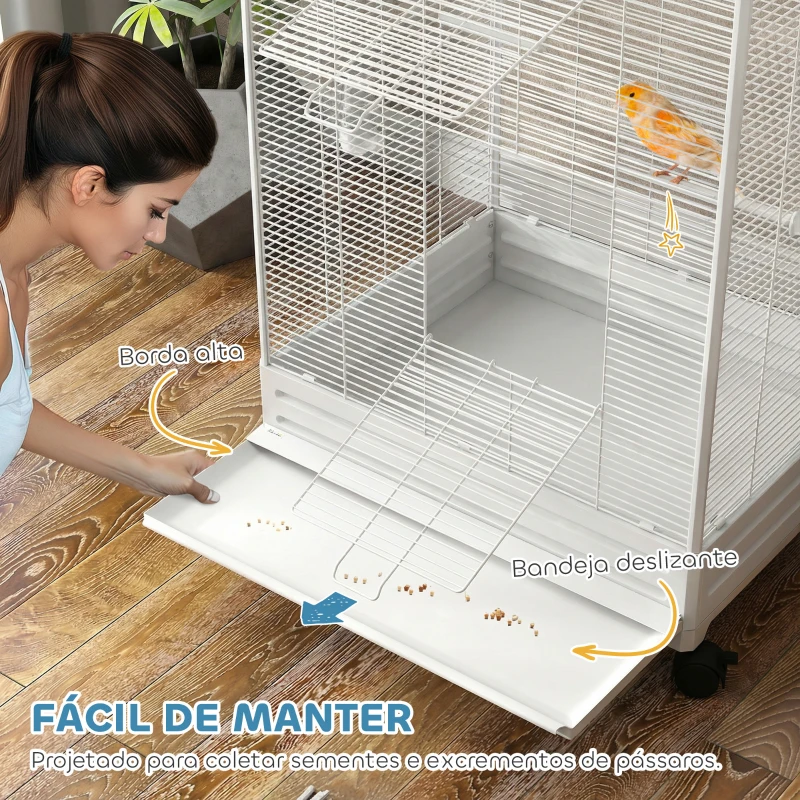 PawHut Gaiola para Pássaros Metálica com com Rodas Bandeja Amovível 4 Portas 2 Comedouros e 8 Poleiros 79x65x155 cm Branco