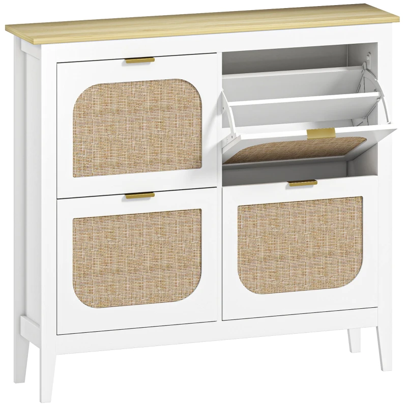 HOMCOM Meuble à chaussures 20 paires bohème avec 4 tiroirs rabattables, portes effet cannage rotin, 105 x 24 x 95,5 cm, blanc(m-12)