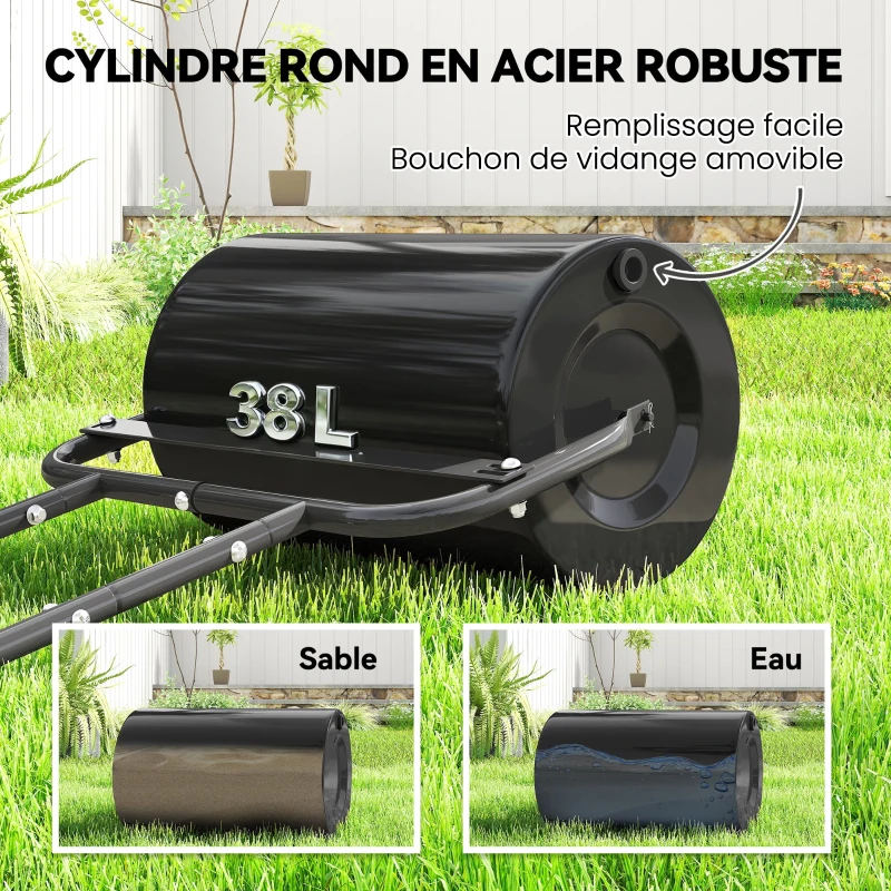 Outsunny Rouleau à gazon rouleau de jardin 50 cm, remplissage sable eau, poignée ergonomique, 58 x 32,5 x 113 cm, noir